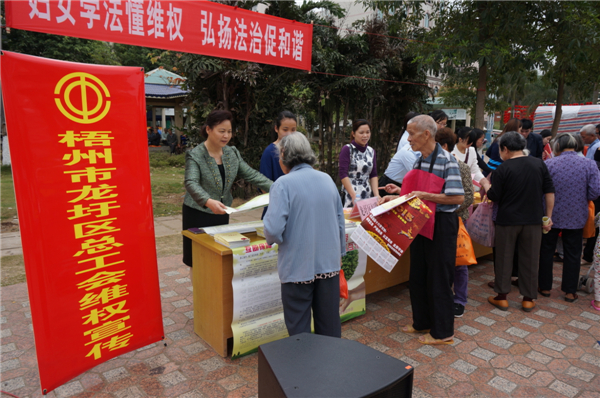 龍圩區(qū)總工會在2015年3月開展迎“三八”婦女維權(quán)月普法活動，以“婦女法治懂維權(quán)，頌揚法治促和諧”為指導(dǎo)思想，開展了以“